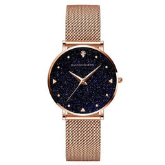 Japan Quartz Movement Stainless Steel Mesh Band Watch  Golden Ladies Wristwatches Flash Night Stars Face New Watches For Women