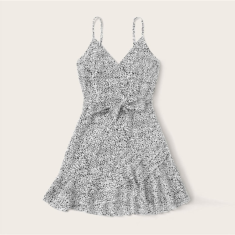 Surplice Wrap Belted Dalmatian Print Ruffle Hem Cami Dress Women Summer Asymmetrical Hem Boho Short Dresses | Vimost Shop.