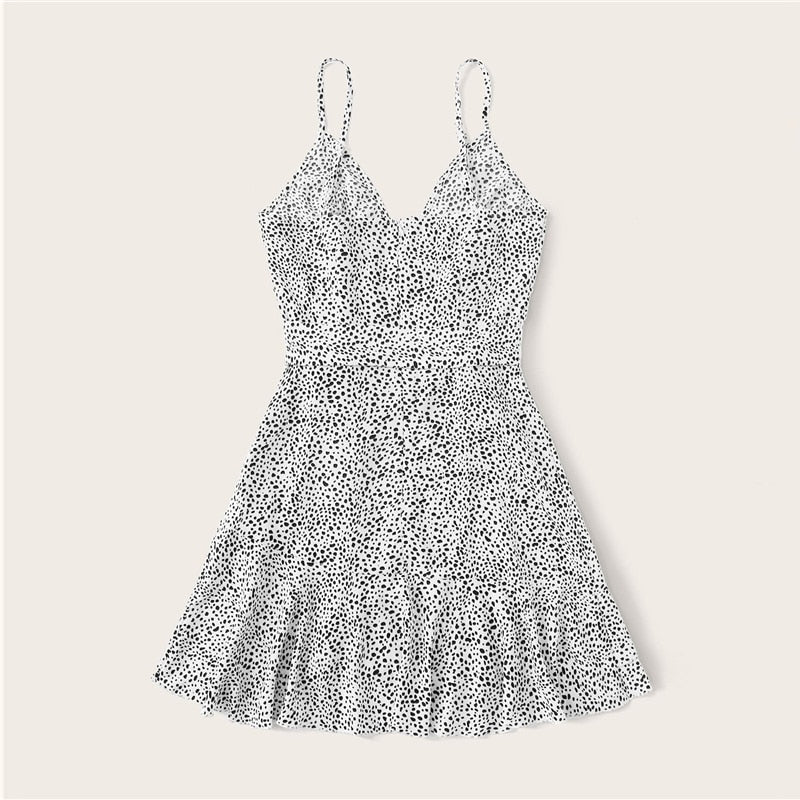 Surplice Wrap Belted Dalmatian Print Ruffle Hem Cami Dress Women Summer Asymmetrical Hem Boho Short Dresses | Vimost Shop.