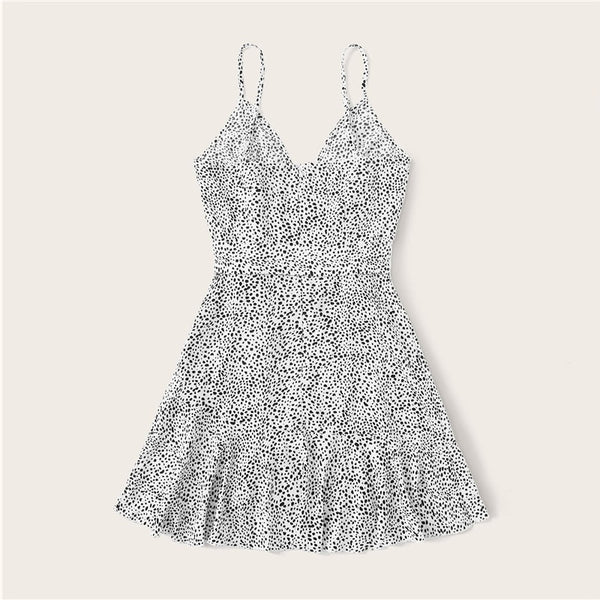 Surplice Wrap Belted Dalmatian Print Ruffle Hem Cami Dress Women Summer Asymmetrical Hem Boho Short Dresses | Vimost Shop.