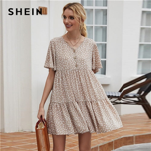 Khaki Allover Print Flutter Sleeve Buttoned Babydoll Dress Women Summer High Waist Loose Cute Smock Short Dresses | Vimost Shop.