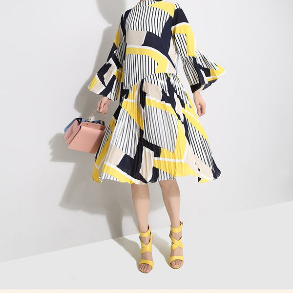 Autumn Stand Collar Long Flare Sleeve Pattern Striped Printed Pleated Loose Dress Women | Vimost Shop.