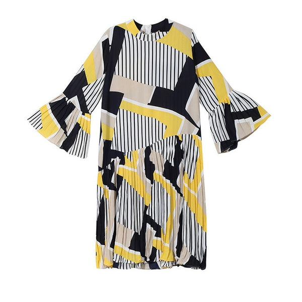 Autumn Stand Collar Long Flare Sleeve Pattern Striped Printed Pleated Loose Dress Women | Vimost Shop.