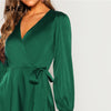 Green Solid Surplice Wrap Knot High Waist Belted Maxi Plain V Neck Dress Women Casual Summer Modern Lady Elegant Dress | Vimost Shop.