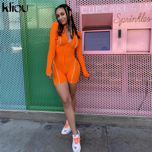 women fashion playsuit full sleeve zipper fly reflective striped patchwork rompers | Vimost Shop.