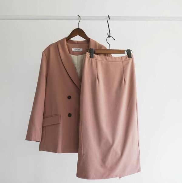 Women Blazer Suits Doule Breasted Pink Blazer High Waist Skirt Office Lady Sets | Vimost Shop.