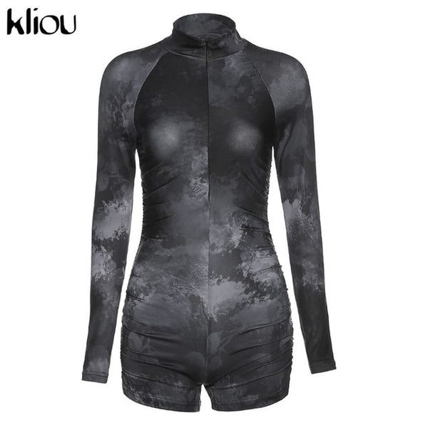 Skinny women zipper playsuits sexy rompers clubwear print full sleeve sportwear turtleneck | Vimost Shop.