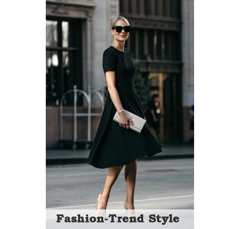 Vintage Elegant Round neck Brief Pure Color vestidos A-Line Pinup Business Party Women Flare Black Dress | Vimost Shop.