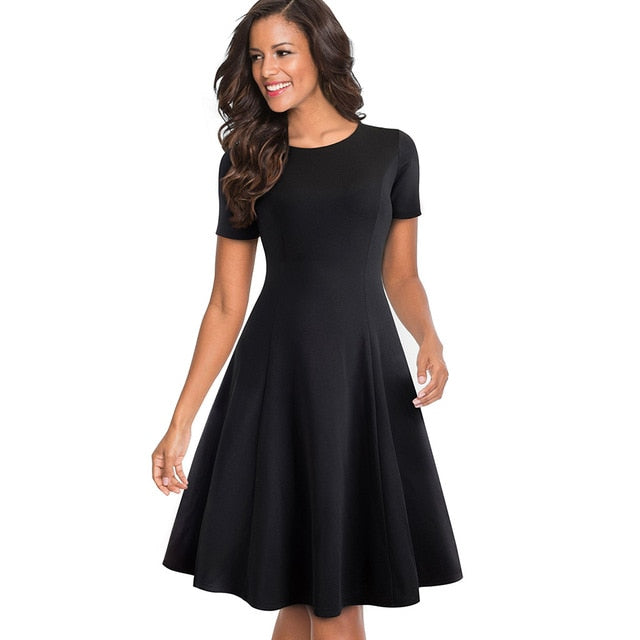 Vintage Elegant Round neck Brief Pure Color vestidos A-Line Pinup Business Party Women Flare Black Dress | Vimost Shop.