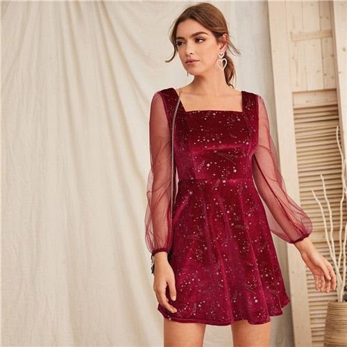 Galaxy Print Contrast Sheer Mesh Sleeve Christmas Velvet Dress Women Spring Square Neck A Line Party Short Flared Dresses | Vimost Shop.