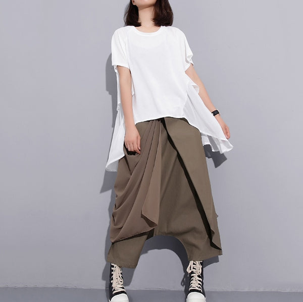 High Elastic Waist Black Fold Bandage Stitch Loose Long Cross-pants Women Trousers Fashion | Vimost Shop.