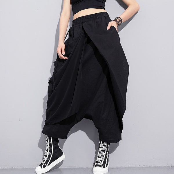 High Elastic Waist Black Fold Bandage Stitch Loose Long Cross-pants Women Trousers Fashion | Vimost Shop.