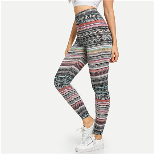 Multicolor High Waist Tribal Print Leggings Casual Geometric Striped Pants Women Stretchy Autumn Sexy Sporting Trousers | Vimost Shop.