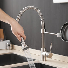 Kitchen Faucets Brush Brass Faucets for Kitchen Sink  Single Lever Pull Out Spring Spout Mixers Tap Hot Cold Water Crane