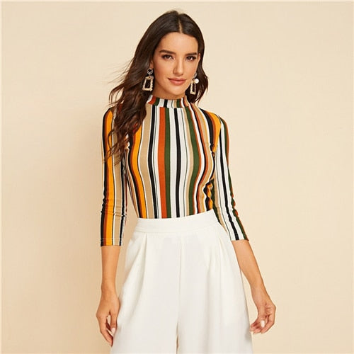 Multicolor Mock-neck Form Fitted Striped Top Slim 3/4 Length Sleeve Elegant Office Lady Tshirt Tops | Vimost Shop.