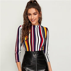 Multicolor Mock-neck Form Fitted Striped Top Slim 3/4 Length Sleeve Elegant Office Lady Tshirt Tops