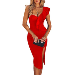 Women One Shoulder Bandage Dress Elegant Ruffles Red Bandage Dress Sexy Party Night Club Dress | Vimost Shop.