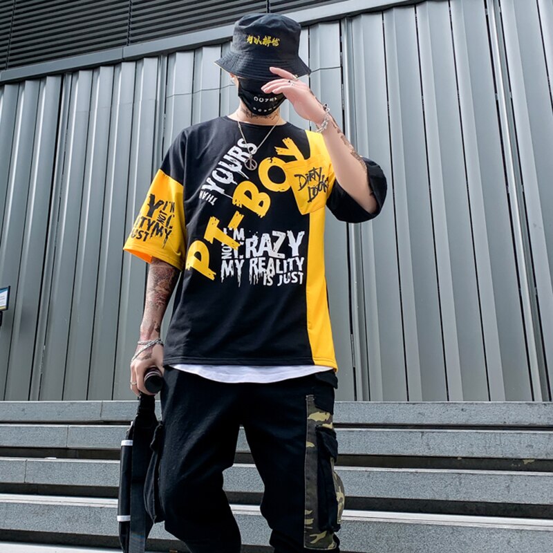 Men Color Patchwork Letter Print Male Short Sleeve Hip Hop Tops Summer T Shirt Couple Harajuku Streetwear | Vimost Shop.