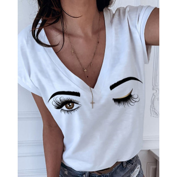 Summer Plus Size 5XL Eyebrows Eye Print Short Sleeve V-neck Women | Vimost Shop.