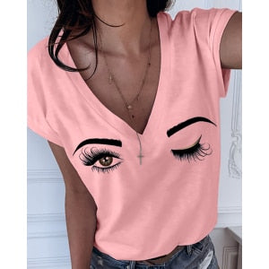 Summer Plus Size 5XL Eyebrows Eye Print Short Sleeve V-neck Women | Vimost Shop.