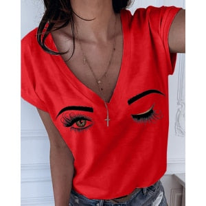 Summer Plus Size 5XL Eyebrows Eye Print Short Sleeve V-neck Women | Vimost Shop.