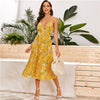 Yellow Surplice Neck Pleated Floral Cami Dress Women Summer Sleeveless High Waist Boho Wrap Long Dresses | Vimost Shop.