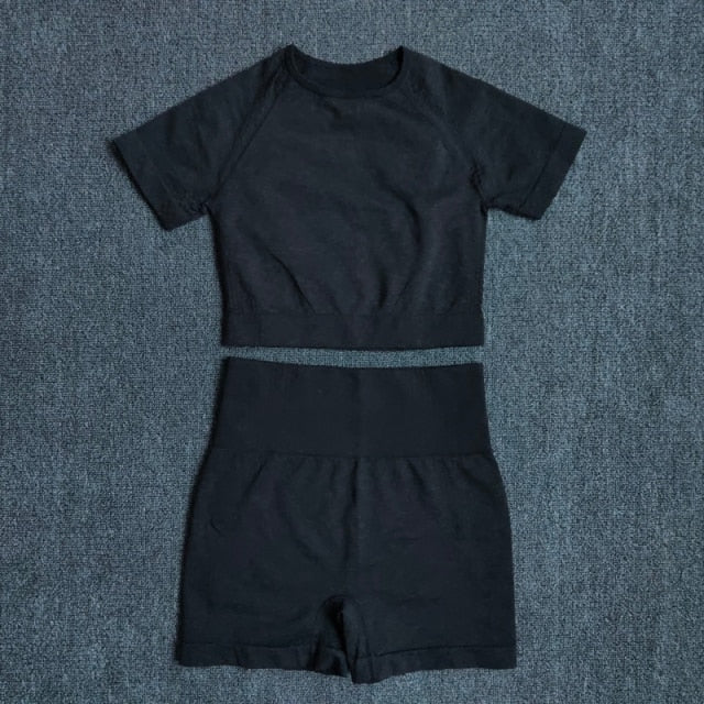 Seamless Women Yoga Set Crop Top Short Sleeve Shirt Fitness Shorts Workout Clothes For Women Gym Clothing Yoga Sport Set