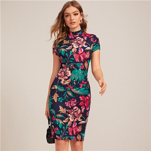 Multicolor Mock-Neck Form Fitted Floral Print Dress  Cap Sleeve Bodycon Elegant Pencil Midi Dresses | Vimost Shop.
