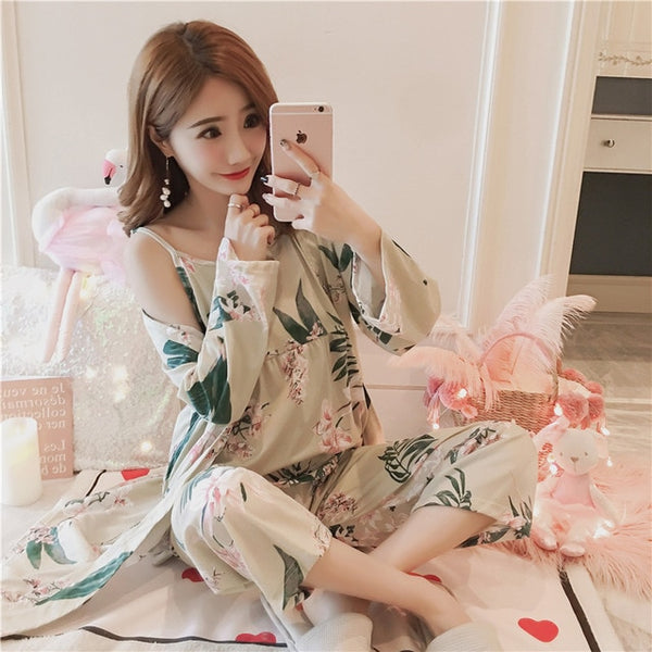 Woman Pajamas Set Sling Cotton 3 Peices Sleepwear | Vimost Shop.