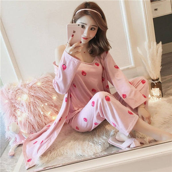 Woman Pajamas Set Sling Cotton 3 Peices Sleepwear | Vimost Shop.