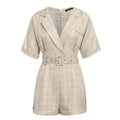 Simplee Classic plaid sash belt women playsuit Casual v-neck | Vimost Shop.