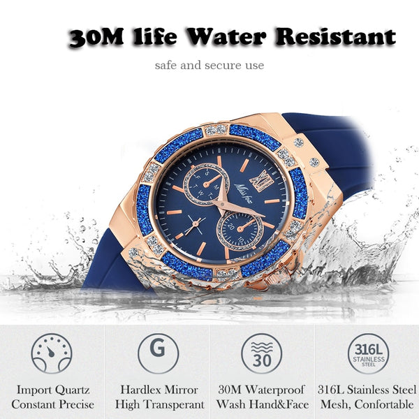 Women's Watches Chronograph Rose Gold Sport Watch Ladies Diamond Blue Rubber Band Xfcs Analog Female Quartz Wristwatch | Vimost Shop.