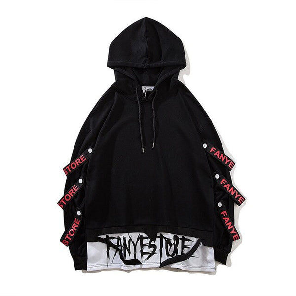 Men Fake 2 Pieces Ribbons High Street Pullover Sweatshirt Fashion Hip Hop Streetwear Hoodie | Vimost Shop.