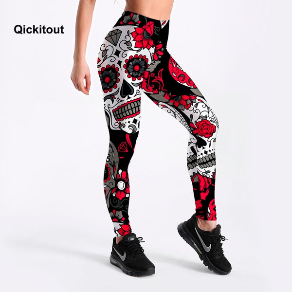 Women's Skull&flower Black Leggings Digital Print Pants Trousers Stretch Pants Plus Size | Vimost Shop.