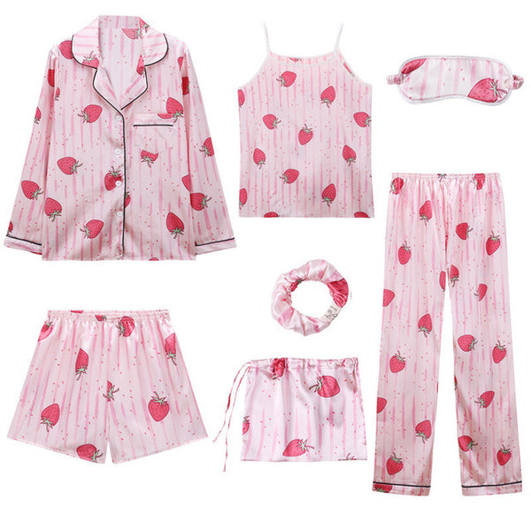 Women 7 Pieces Pajamas Sets Stain Faux Silk Sleepwear | Vimost Shop.