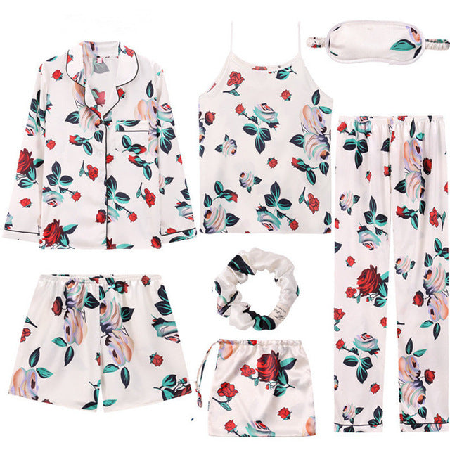 Women 7 Pieces Pajamas Sets Stain Faux Silk Sleepwear | Vimost Shop.