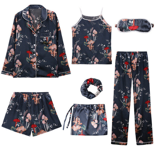 Women 7 Pieces Pajamas Sets Stain Faux Silk Sleepwear | Vimost Shop.