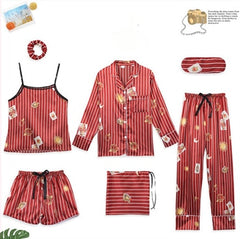 Women 7 Pieces Pajamas Sets Stain Faux Silk Sleepwear | Vimost Shop.