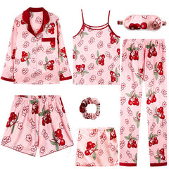 Women 7 Pieces Pajamas Sets Stain Faux Silk Sleepwear | Vimost Shop.