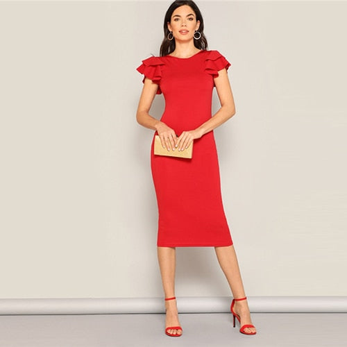 Red Layered Ruffle Sleeve Crisscross Back Bodycon Dress Women Summer Elegant Sleeveless Solid Slim Midi Party Dress | Vimost Shop.