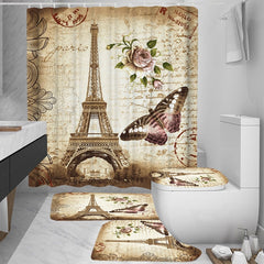 Paris Tower Landscape 3D Waterproof Shower Curtains Bathroom Curtain Sets Anti Slip Pedestal Rug Lid Toilet Cover Bath Mat Set | Vimost Shop.