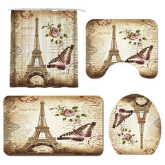 Paris Tower Landscape 3D Waterproof Shower Curtains Bathroom Curtain Sets Anti Slip Pedestal Rug Lid Toilet Cover Bath Mat Set | Vimost Shop.