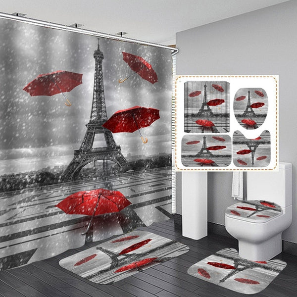 Paris Tower Landscape 3D Waterproof Shower Curtains Bathroom Curtain Sets Anti Slip Pedestal Rug Lid Toilet Cover Bath Mat Set | Vimost Shop.