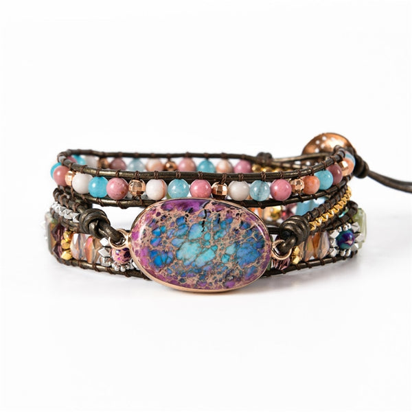 Leather Wrap Bracelet W/ Stones Multi Color Natural Beads Crystal Weaving Statement Art Bracelet Gifts | Vimost Shop.