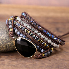 Exclusive Leather Bracelet Black Onyx Mix 5 Strands women and men Wrap Bracelets Bohemian Bracelet gift jewelry | Vimost Shop.