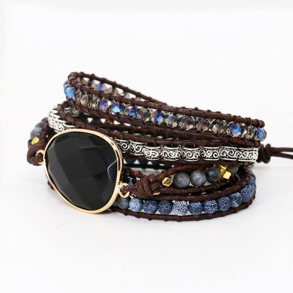 Exclusive Leather Bracelet Black Onyx Mix 5 Strands women and men Wrap Bracelets Bohemian Bracelet gift jewelry | Vimost Shop.