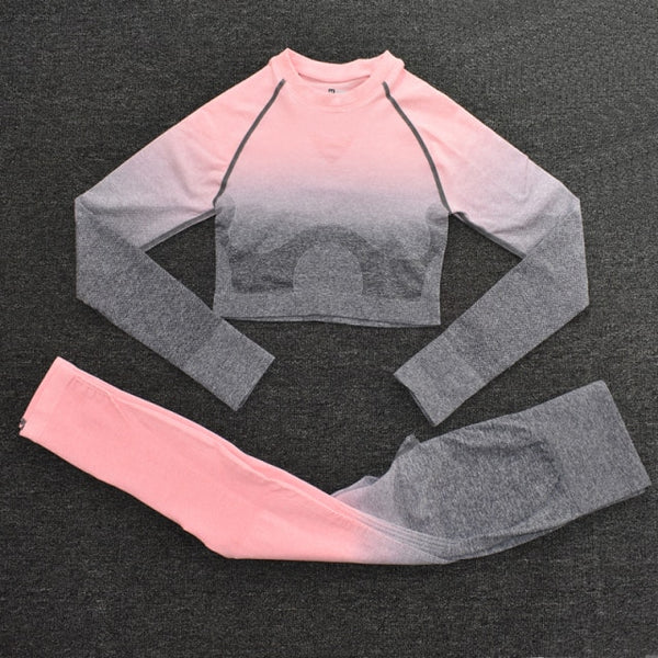 Ombre Women Yoga Set Seamless Leggings Long Sleeve Crop Top Sports Bra Running Pants Gym Clothing Fitness Workout Sports Suit