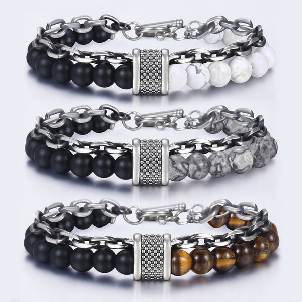 Natural Map Stone Men's Beaded Bracelet for women Stainless Steel Bracelets Male Jewelry Tiger eye 8 9 10 inch | Vimost Shop.