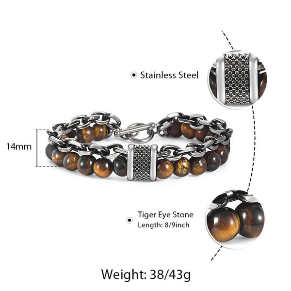 Natural Map Stone Men's Beaded Bracelet for women Stainless Steel Bracelets Male Jewelry Tiger eye 8 9 10 inch | Vimost Shop.