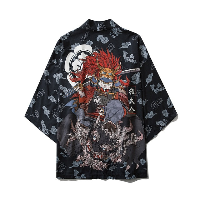 Japanese Style Cat Samurai Kimono Streetwear Men Women Cardigan Japan Harajuku Anime Robe Anime Clothes | Vimost Shop.